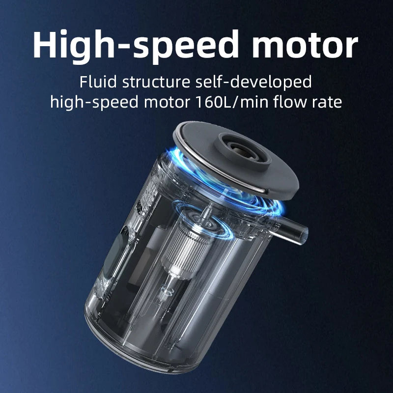 High-speed motor of an electric air pump with blue glowing element on a dark background - offered by the best camping gear store in New York, The ADK Tool Co.