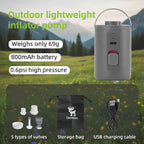 Outdoor lightweight mini inflator pump with features and accessories on a scenic background - offered by the best camping gear store in New York, The ADK Tool Co.