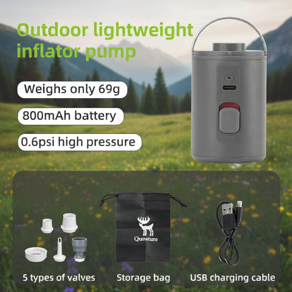 Outdoor lightweight mini inflator pump with features and accessories on a scenic background - offered by the best camping gear store in New York, The ADK Tool Co.