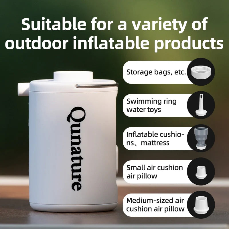 White inflatable pump with Qunature branding and text about its uses on a green background - offered by the best camping gear store in New York, The ADK Tool Co.