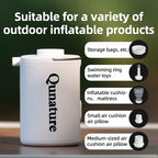 White inflatable pump with Qunature branding and text about its uses on a green background - offered by the best camping gear store in New York, The ADK Tool Co.