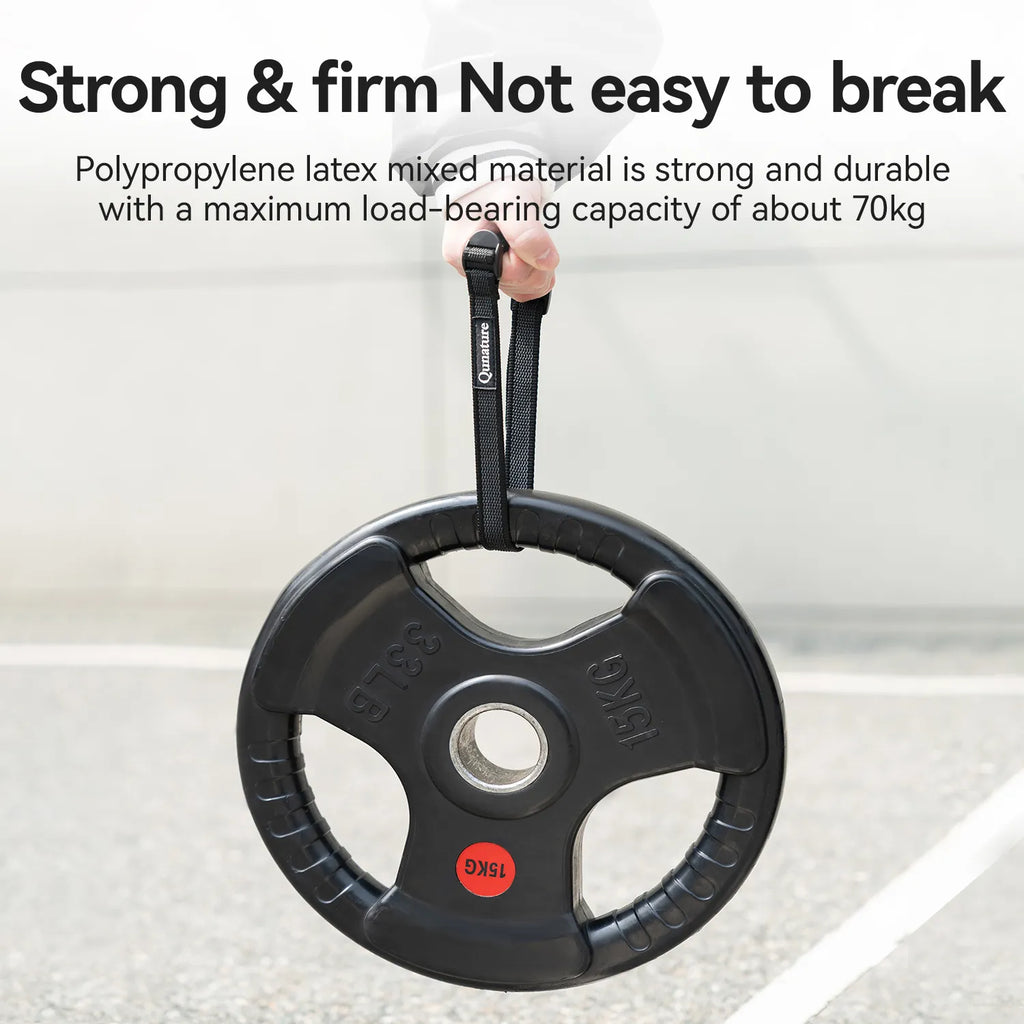 Qunature multi-purpose binding strap attached to a weight plate with text about strength and durability on a light background - offered by the best outdoor gear store in New York, The Adirondack Tool Co.