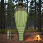 Green and gray sleeping bag with a smaller packed version
