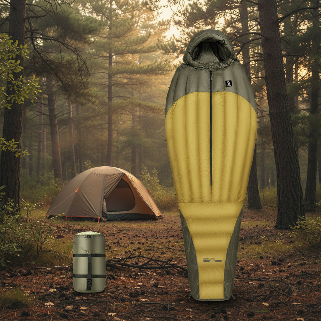 Yellow and gray sleeping bag with a smaller packed version