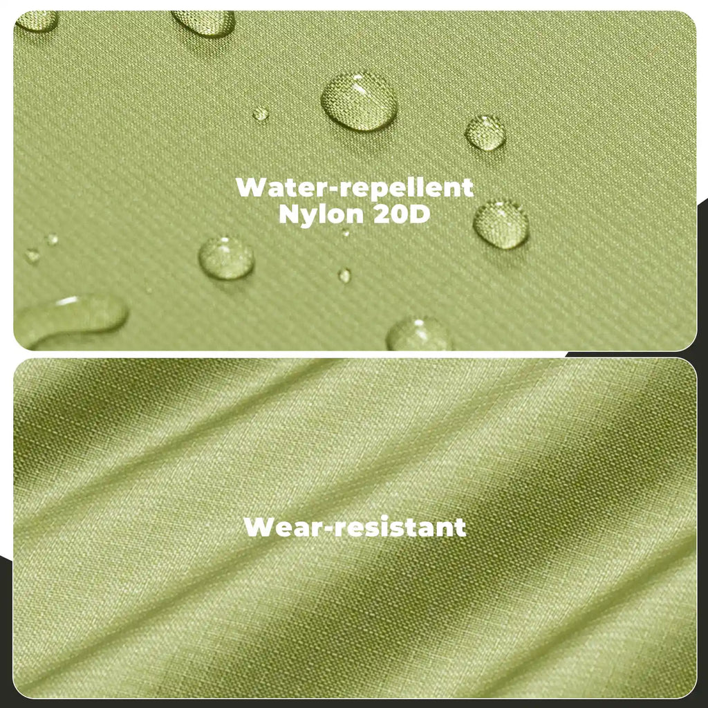 Green fabric with water droplets and text indicating water-repellent and wear-resistant properties.