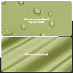 Green fabric with water droplets and text indicating water-repellent and wear-resistant properties.
