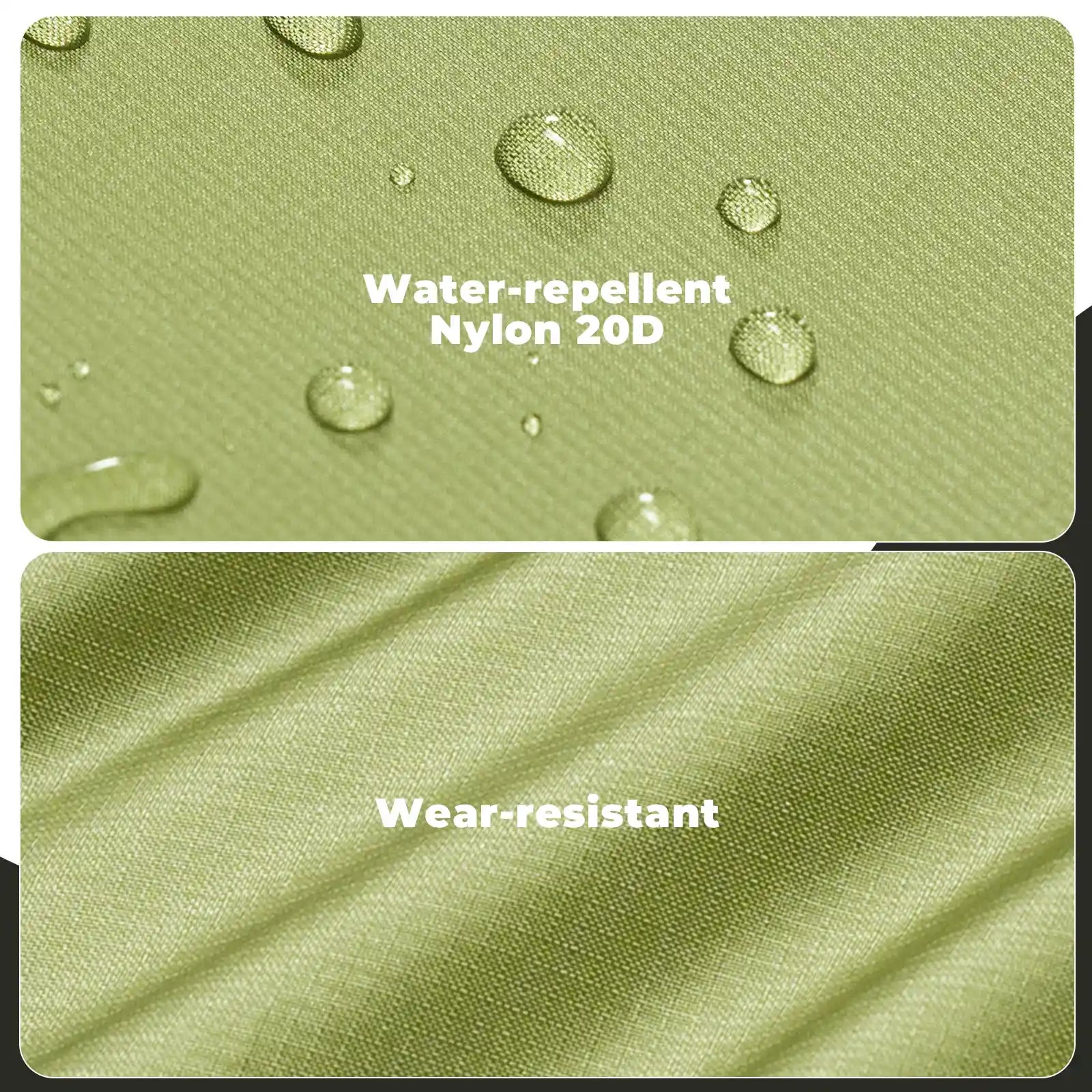 Green fabric with water droplets and text indicating water-repellent and wear-resistant properties.
