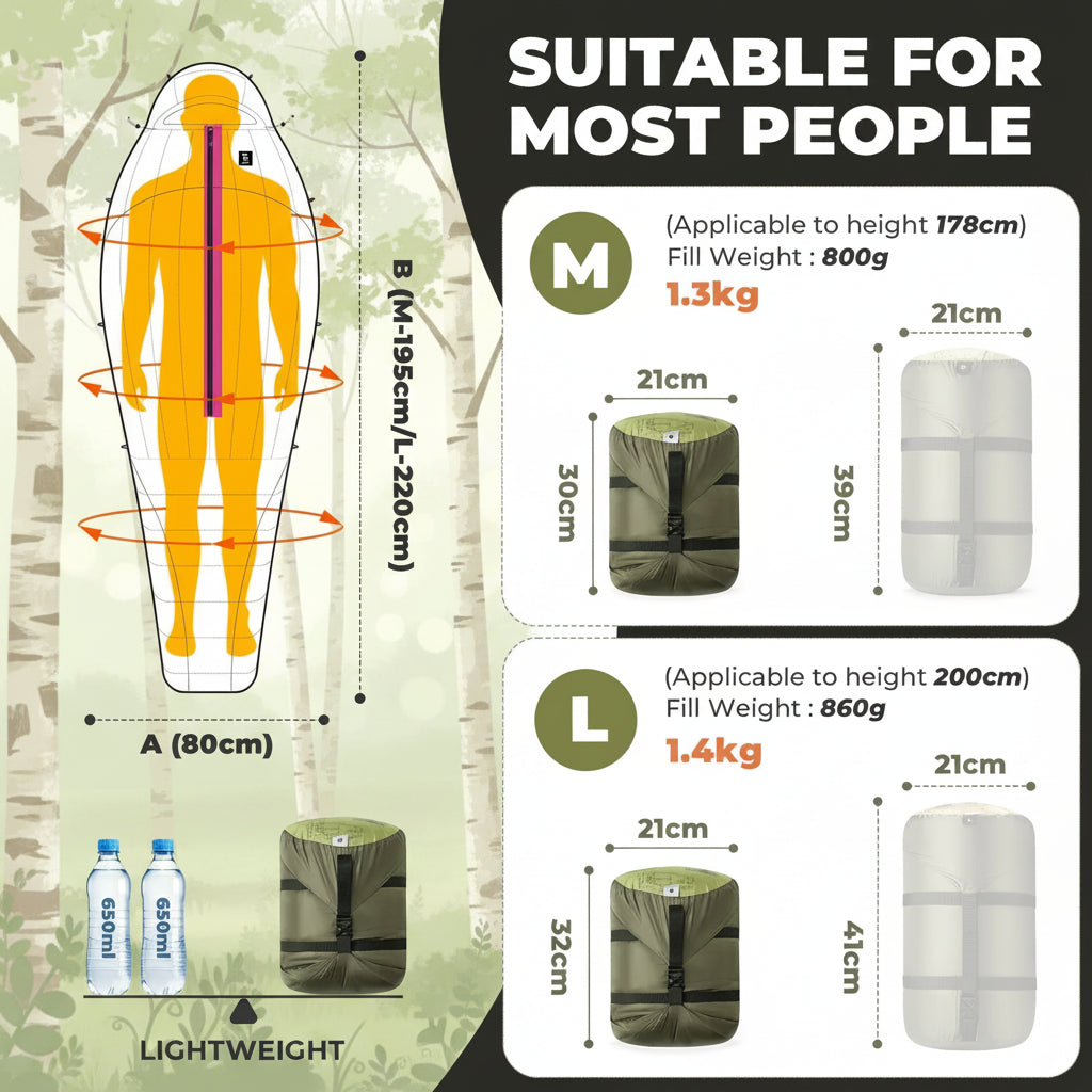 Measurement chart for sleeping bags showing size M, L, and height applicability.