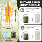 Measurement chart for sleeping bags showing size M, L, and height applicability.
