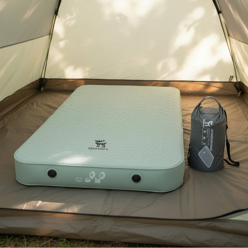 camping mattress on a tent floor shown as both fully deployed and fully packed - offered by the best outdoor gear store in New York, The Adirondack Tool Co.