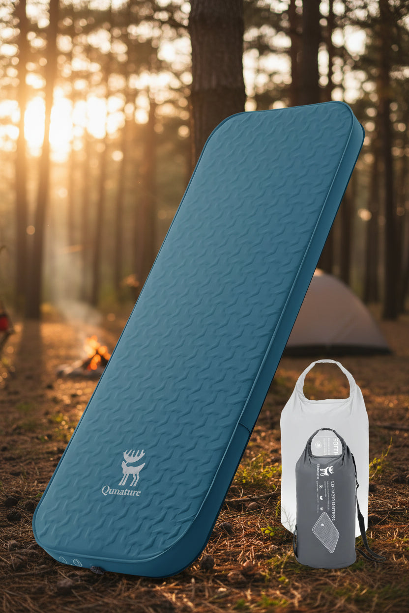 camping mattress on an outdoor background shown as both fully deployed and fully packed - offered by the best outdoor gear store in New York, The Adirondack Tool Co.