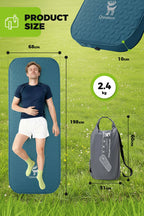 Inflatable camping mat with dimensions and weight displayed, featuring a person for scale - offered by the best outdoor gear store in New York, The Adirondack Tool Co.