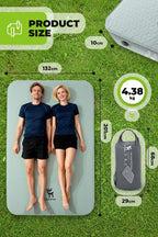 Inflatable matress with dimensions and weight displayed, showing two people lying on it - offered by the best outdoor gear store in New York, The Adirondack Tool Co.