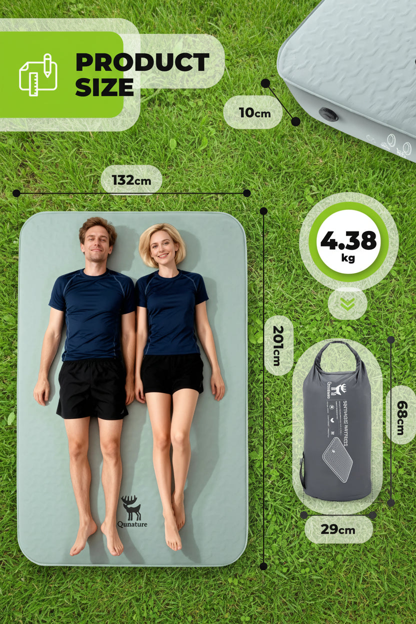 Inflatable matress with dimensions and weight displayed, showing two people lying on it - offered by the best outdoor gear store in New York, The Adirondack Tool Co.
