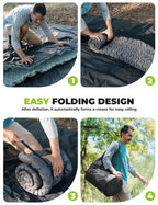 Step-by-step process of folding and carrying a camping mattress with text 'Easy Folding Design' - offered by the best outdoor gear store in New York, The Adirondack Tool Co.