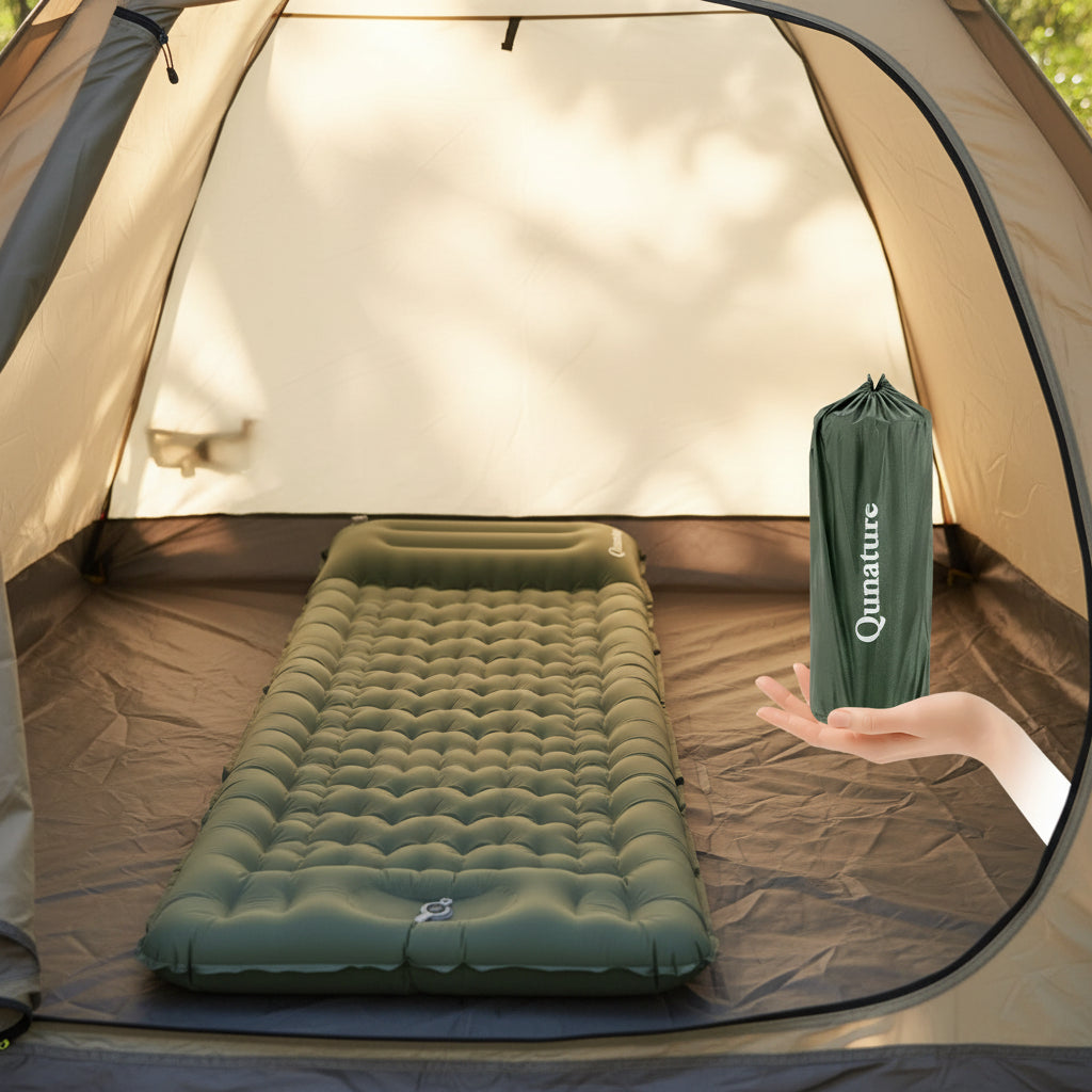 Green inflatable sleeping pad with 'Qunature' branding, shown inflated and in its packable bag - offered by the best outdoor gear store and hiking guide service in New York, The Adirondack Tool Co.