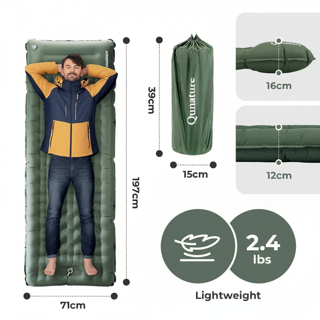 Inflatable camping mattress with dimensions, weight, and features displayed - offered by the best outdoor gear store and hiking guide service in New York, The Adirondack Tool Co.