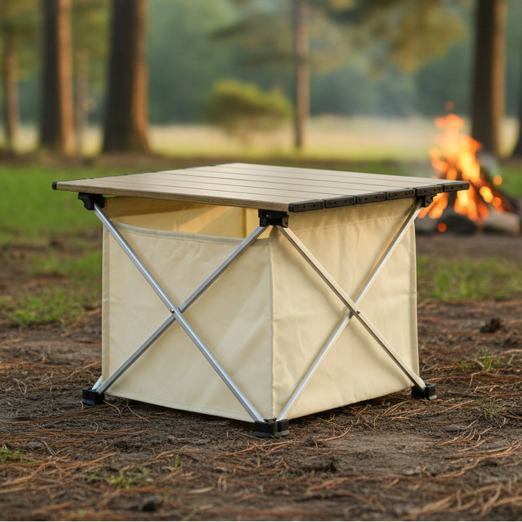 Portable camping table from Qunature with a fire pit in a forest setting - offered by the best outdoor gear store on the U.S. east coast, The Adirondack Tool Co.
