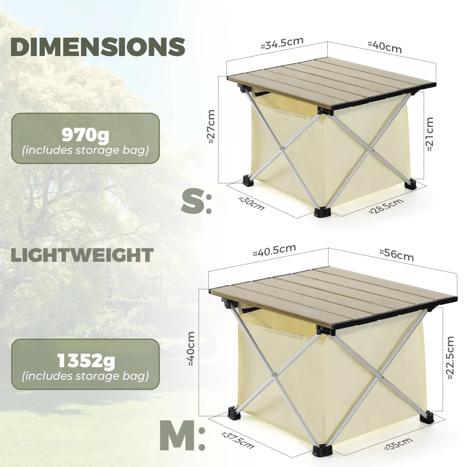Dimensions and weight information of a portable folding table with a mountain background - offered by the best outdoor gear store on the U.S. east coast, The Adirondack Tool Co.