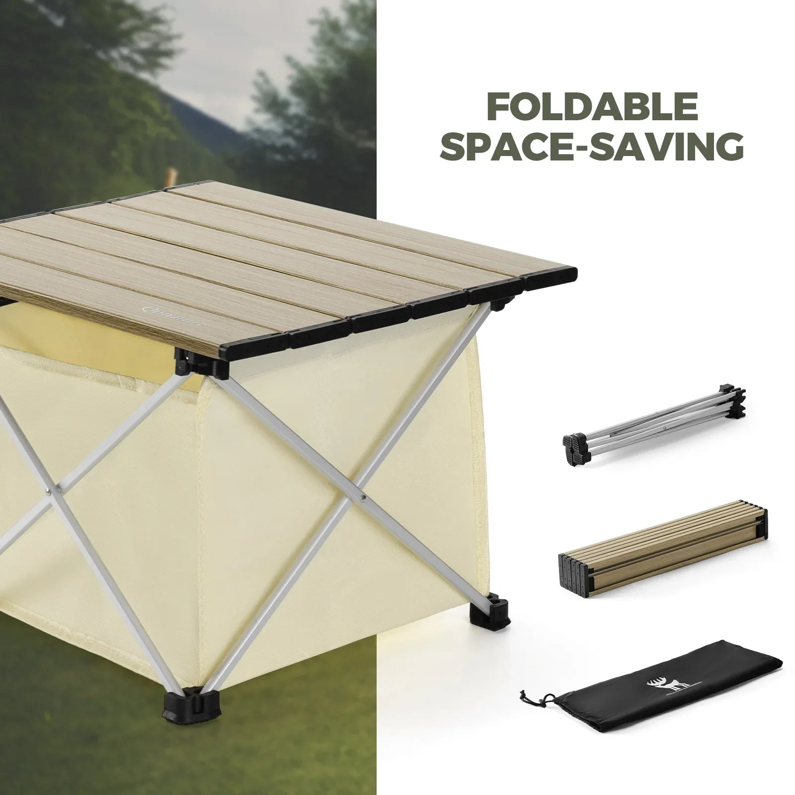 Foldable camping table with storage base, shown open and folded, with text 'Foldable Space-Saving' - offered by the best outdoor gear store on the U.S. east coast, The Adirondack Tool Co.