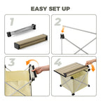 Step-by-step guide on setting up a portable folding table with images and text - offered by the best outdoor gear store on the U.S. east coast, The Adirondack Tool Co.