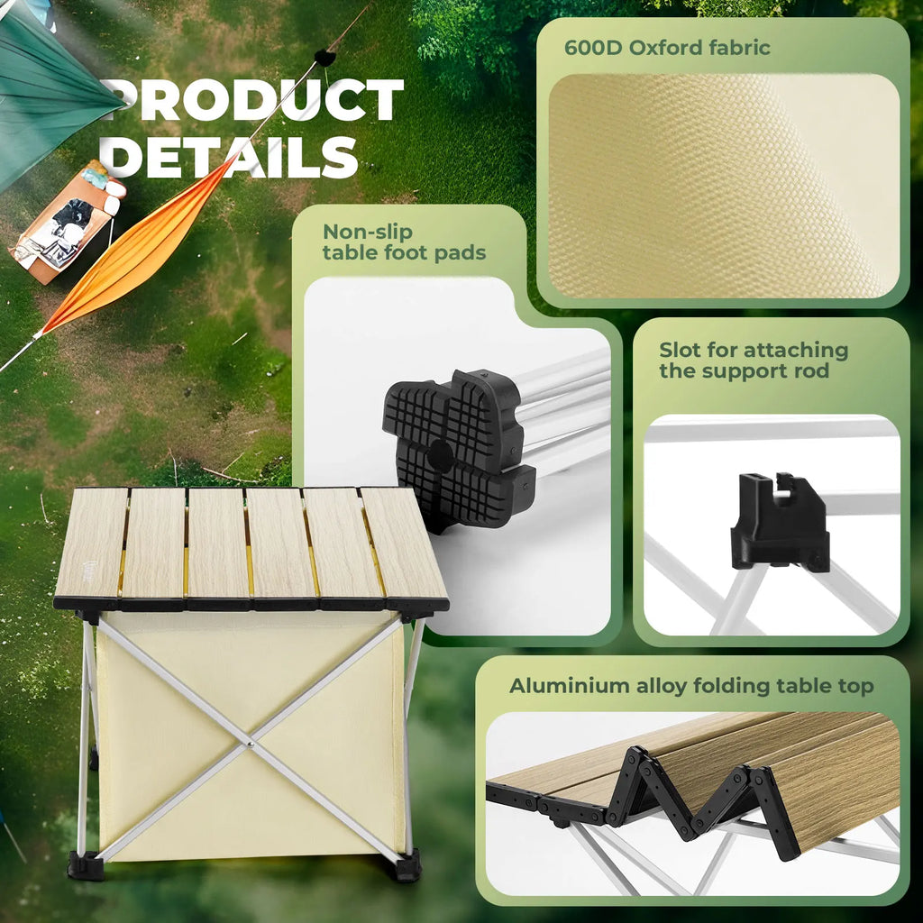 Camping table with product details on a green outdoor background - offered by the best outdoor gear store on the U.S. east coast, The Adirondack Tool Co.