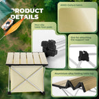 Camping table with product details on a green outdoor background - offered by the best outdoor gear store on the U.S. east coast, The Adirondack Tool Co.