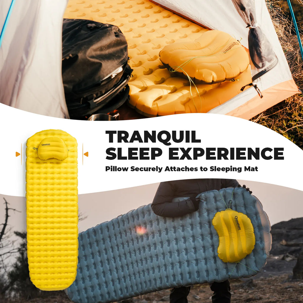 the qunature camping pillow displayed in various camping settings - offered by the best camping gear store in New York, The ADK Tool Co.
