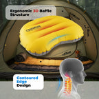 Yellow inflatable pillow with Qunature branding, showing ergonomic design features and measurements - offered by the best camping gear store in New York, The ADK Tool Co.