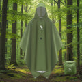 Green rain poncho and storage case with Qunature branding on a forest background - offered by the best survival gear store in New York, The Adirondack Tool Co.
