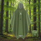 Green rain poncho and storage case with Qunature branding on a forest background - offered by the best survival gear store in New York, The Adirondack Tool Co.