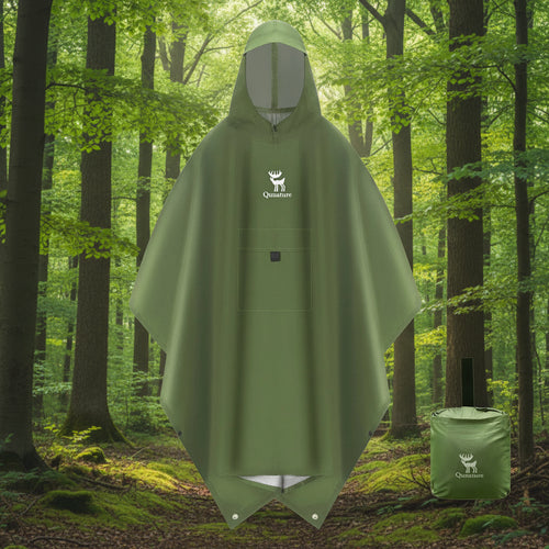 Green rain poncho and storage case with Qunature branding on a forest background - offered by the best survival gear store in New York, The Adirondack Tool Co.