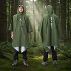 Green rain poncho worn by a man with Qunature branding on a forest background - offered by the best survival gear store in New York, The Adirondack Tool Co.