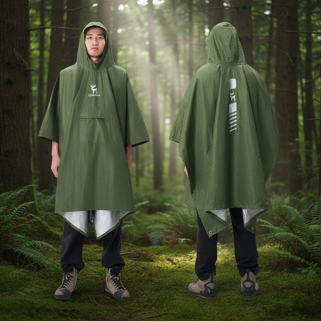 Green rain poncho worn by a man with Qunature branding on a forest background - offered by the best survival gear store in New York, The Adirondack Tool Co.