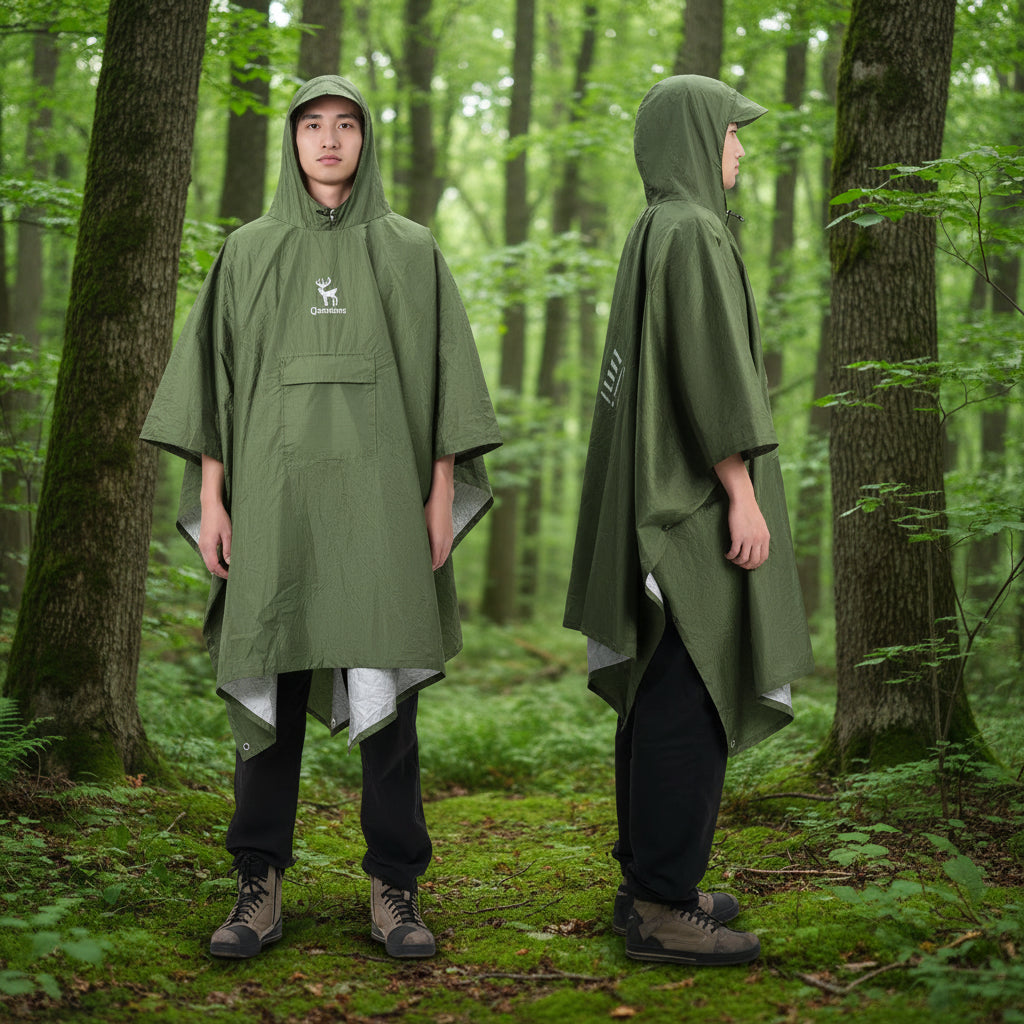 Green rain poncho worn by a man with Qunature branding on a forest background - offered by the best survival gear store in New York, The Adirondack Tool Co.