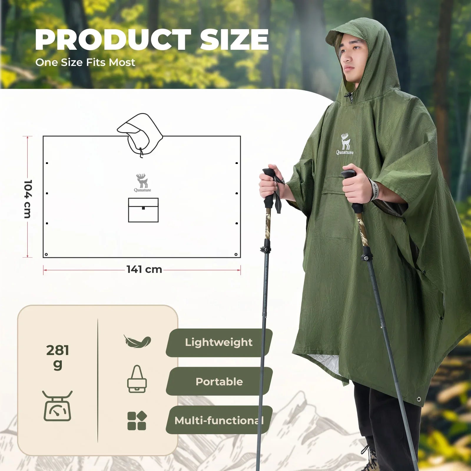 Green rain poncho specifications with a man wearing the poncho in a forest setting - offered by the best survival gear store in New York, The Adirondack Tool Co.