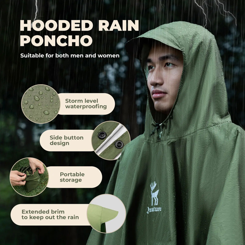 Person wearing a green hooded rain poncho with features highlighted on a dark background - offered by the best survival gear store in New York, The Adirondack Tool Co.