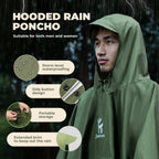 Person wearing a green hooded rain poncho with features highlighted on a dark background - offered by the best survival gear store in New York, The Adirondack Tool Co.