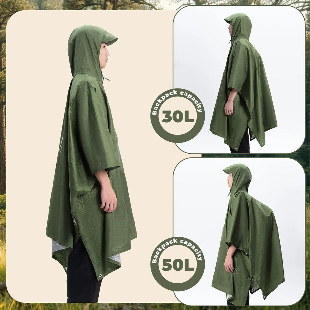 Green poncho with backpack capacity labels on a beige background - offered by the best outdoor gear and survival store in New York, The Adirondack Tool Co.