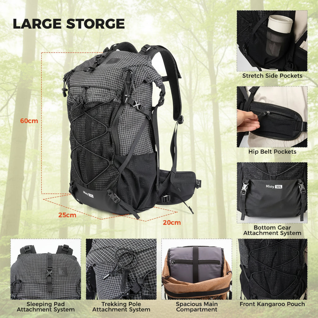 Black backpack with features highlighted