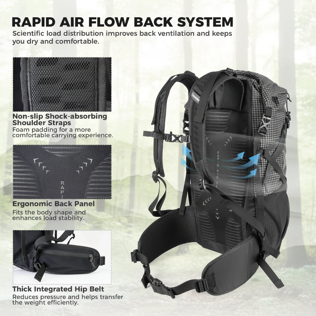 Backpack with rapid air flow back system features
