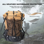 Backpack with all-weather waterproof protection features, shown in a rain scene.