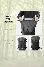 Black backpack with roll top design, expandable storage, and features highlighted