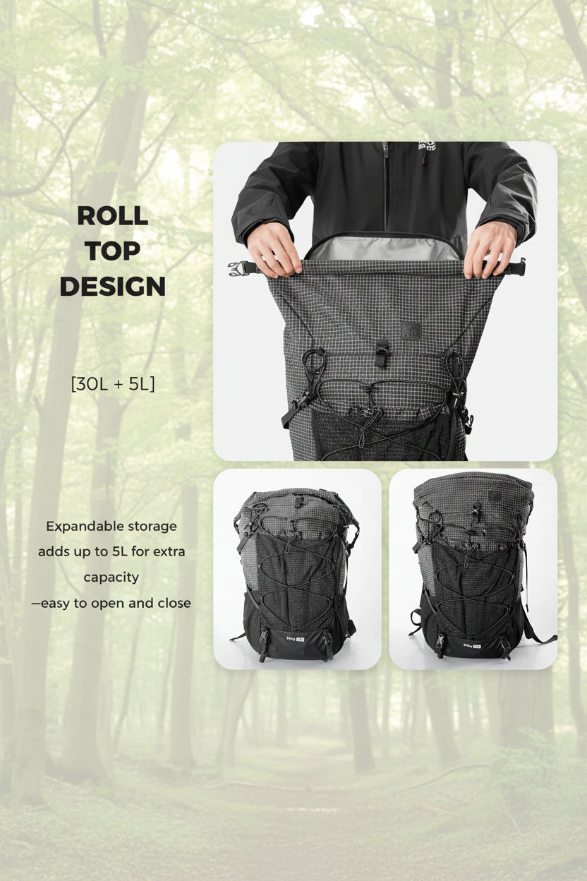 Black backpack with roll top design, expandable storage, and features highlighted