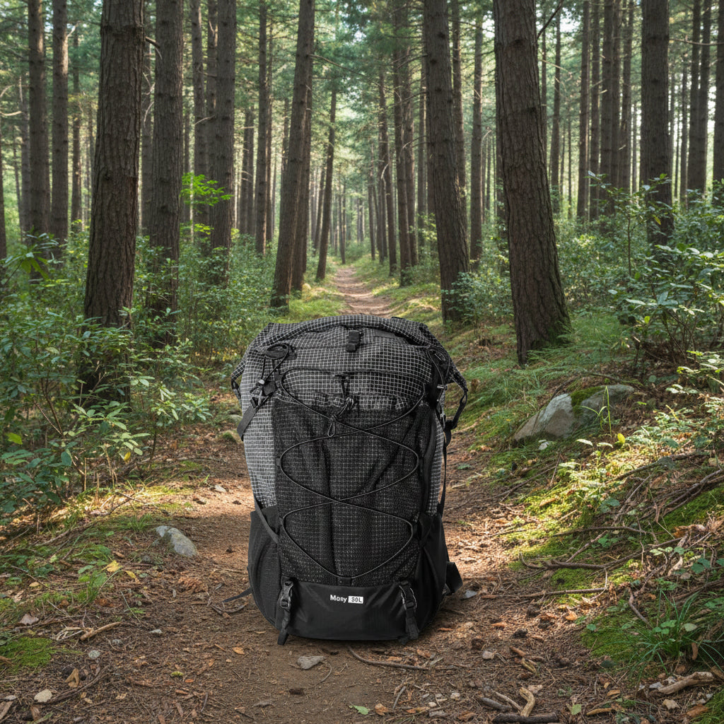 Black backpack with grid pattern