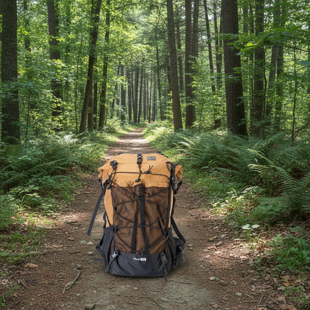 Hiking backpack with orange and black design on a white background