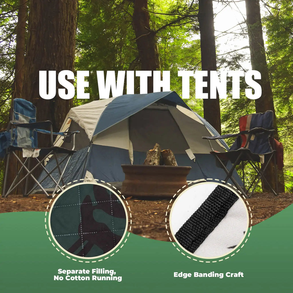 Camping scene with tents, chairs, and a fire pit in a forest setting