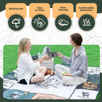 Two people sitting on a camping blanket with product features listed above them - offered by the best camping gear store in New York, The Adirondack Tool Co.