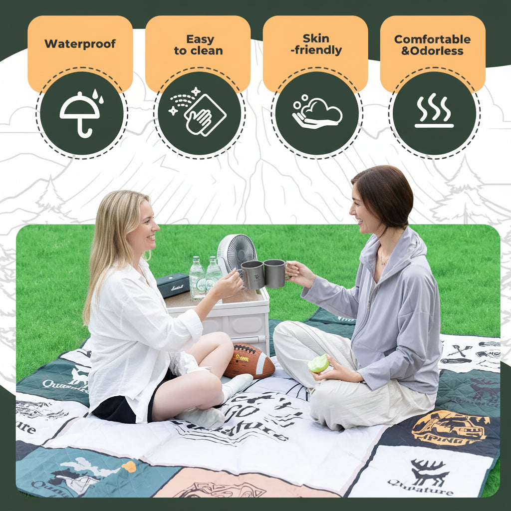 Two people sitting on a camping blanket with product features listed above them - offered by the best camping gear store in New York, The Adirondack Tool Co.