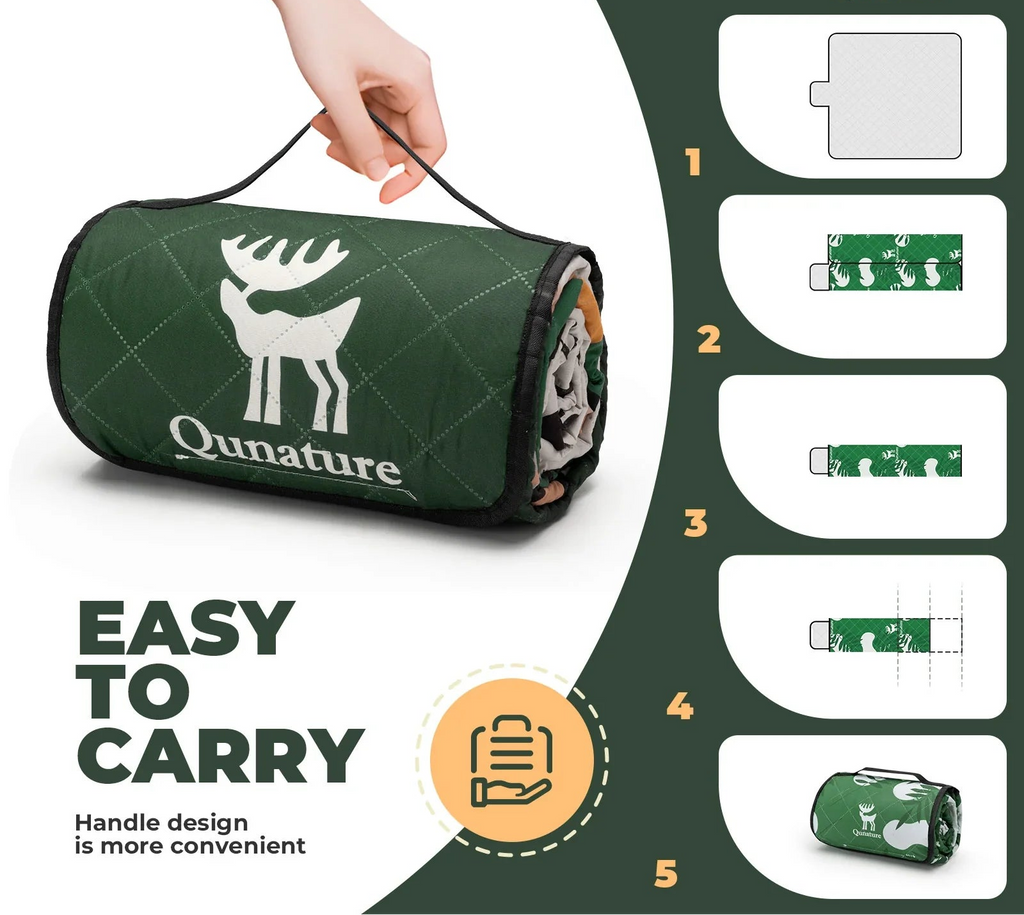 Green camping blanket with deer design and 'Qunature' branding, shown being folded and carried - offered by the best camping gear store in America, The ADK Tool Co.
